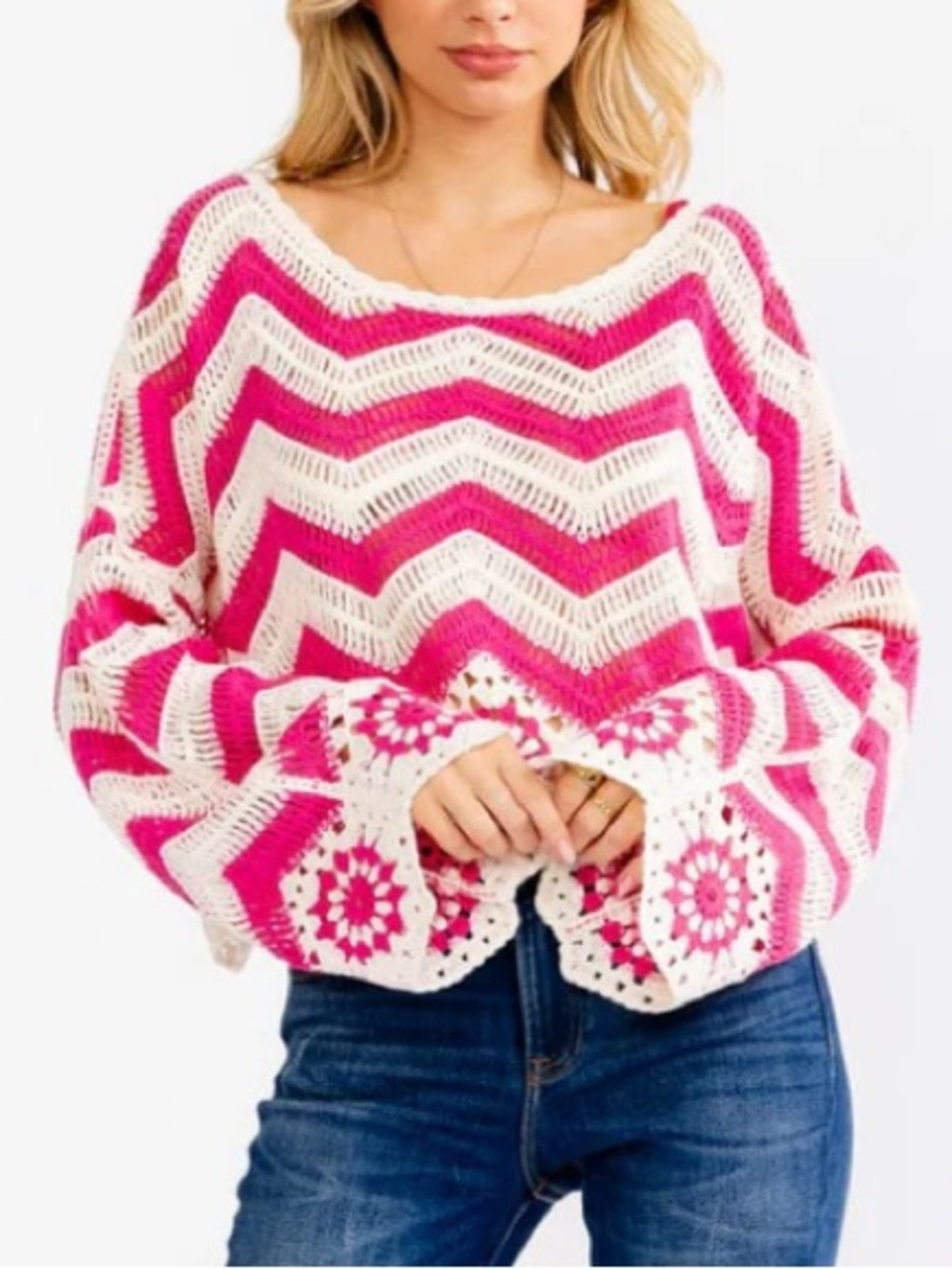 Boho NWT Pink & White Chevron Crochet Sweater size S/M - M/L